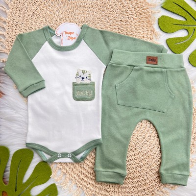 Conj. Body Manga Longa Baby Tigrinho e Calça - Verde